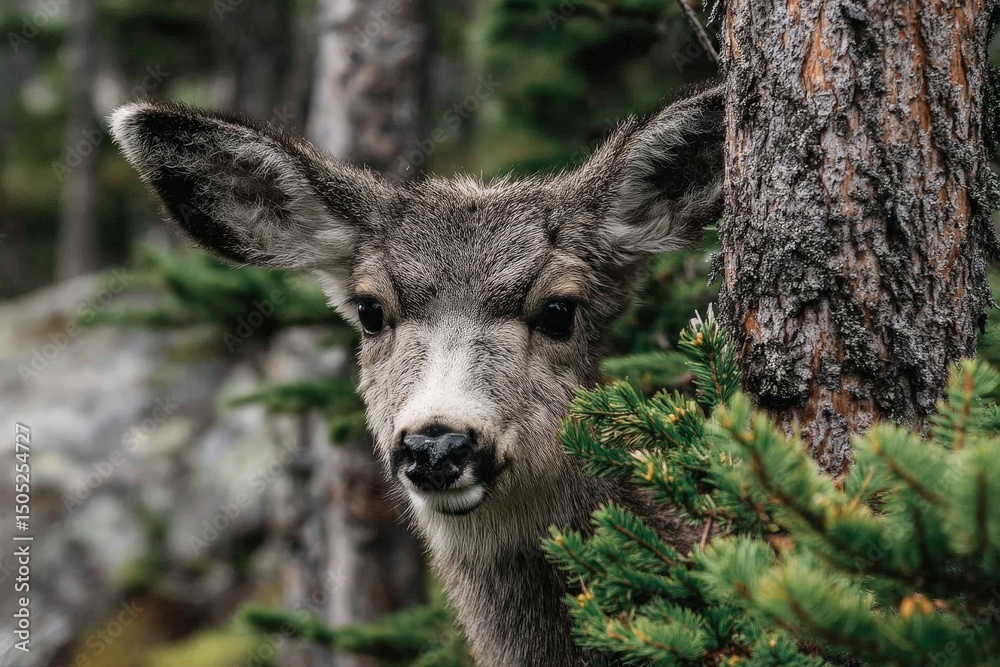 Fototapeta premium Mule deer peers through dense pine foliage in a serene forest setting during the early morning light
