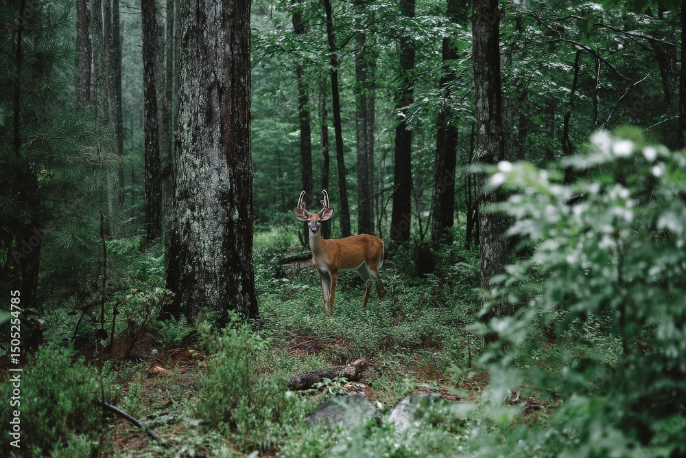 Fototapeta premium Majestic deer standing amidst lush greenery in a tranquil forest at dawn