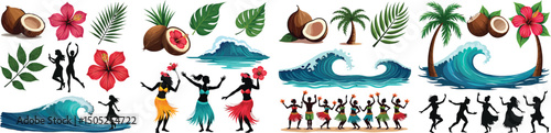 Set of coconuts, palm leaves, ocean waves, and dancers silhouettes – Fiji Hibiscus Festival July event vector collection isolated on white background.
