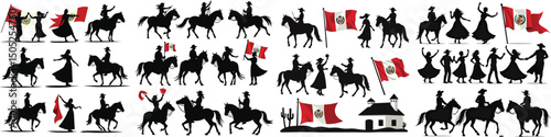 Set of dancers, horses, flags, and traditional houses silhouettes – Peruvian Independence Day festival vector collection isolated on white background.