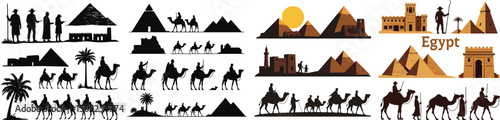 Set of ancient ruins, explorers, pyramids, and camel caravans silhouettes – Egypt Cultural Heritage Week July event vector collection isolated on white background.