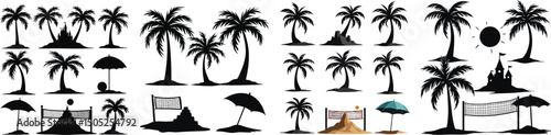 Set of coconut trees, sandcastle, beach volleyball, and umbrella silhouettes – World Beach Day vector collection isolated on white background.