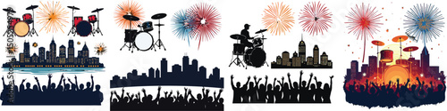 Set of drums, fireworks, cityscape, and cheering crowd silhouettes – Summerfest Milwaukee USA music event vector collection isolated on white background.