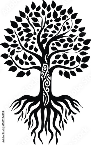 Stylized Tree of Life with Roots and Tribal Pattern in Black