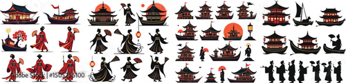 Set of traditional floats, lanterns, fans, and kimono silhouettes – Gion Matsuri Kyoto Japan cultural festival symbol vector collection isolated on white background.