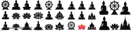 Set of Buddha, dharma wheel, lotus flower, and temple silhouettes – Asalha Puja Buddhist religious observance vector collection isolated on white background.