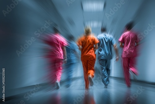 Medical staff quickly moving down a hospital corridor during an emergency situation in a busy healthcare facility
