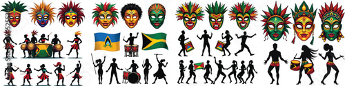 Set of carnival masks, steel drums, dancing silhouettes, and Caribbean flags – Saint Lucia Carnival festival vector collection isolated on white background.