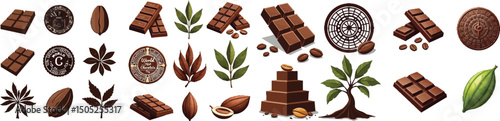 Set of chocolate bars, beans, Aztec calendar, and cocoa plant silhouettes – World Chocolate Day celebration symbol vector collection isolated on white background.