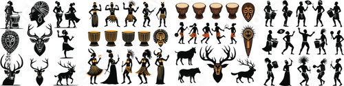 Set of African drums, dancers, tribal masks, and wildlife silhouettes – Durban International Festival South Africa symbol vector collection isolated on white background.