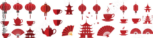 Set of red lanterns, tea cups, pagoda, and fan silhouettes – China National Tea Expo July event symbol vector collection isolated on white background.