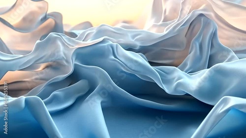 Ethereal waves of sheer fabric in soft blue hues evoke a sense of tranquil movement and delicate beauty with subtle light