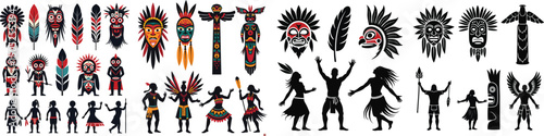 Set of indigenous masks, feathers, totem poles, and celebration dancers silhouettes – National Aboriginal Day extended events Canada symbol vector collection isolated on white background.