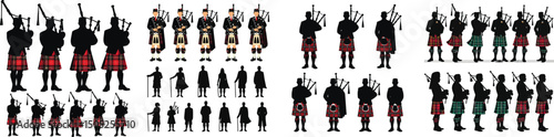 Set of bagpipes, tartan, Highland games symbols, and kilts silhouettes – Inverness Highland Games Scotland vector collection isolated on white background.