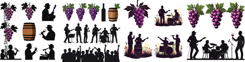 Set of grapes, wine barrels, musicians, and fans silhouettes – Mendoza Winter Wine Festival Argentina July event vector collection isolated on white background.