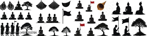 Set of conch shells, monks, prayer flags, and Bodhi tree silhouettes – Buddhist Lent Thailand vector collection isolated on white background.