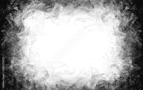 Vector halftone background with circular smoke border vignette and grunge texture. Black and white abstract frame with high contrast.