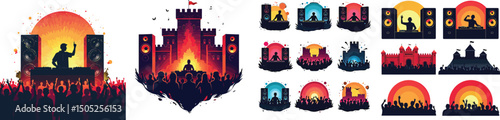 Set of DJs, speakers, fortress wall, and crowd silhouettes – Exit Festival Serbia electronic music event symbol vector collection isolated on white background.