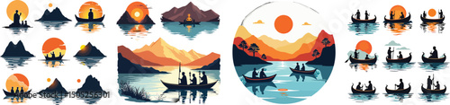 Set of sacred lake, pilgrims, Buddhist symbols, and ritual boat silhouettes – Hemis Festival Ladakh India July event symbol vector collection isolated on white background.