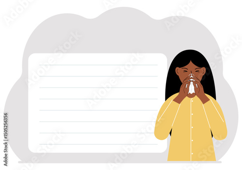 A woman covers his nose with his hands with a handkerchief. The concept of a sick person, sneezing, seasonal allergies, bad smell. Vector flat illustration.