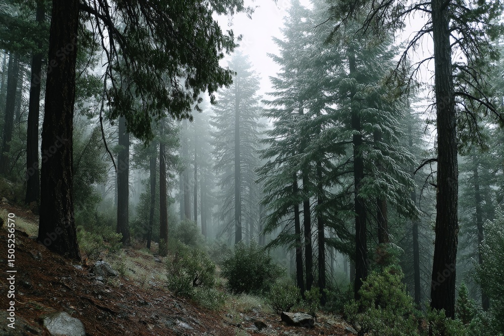 Fototapeta premium Misty forest landscape with tall trees and dense fog creating a serene atmosphere in early morning light