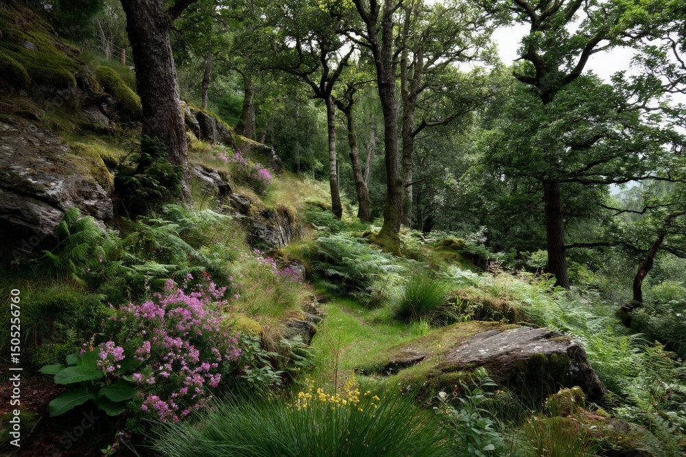 Obraz premium Lush woodland path with vibrant wildflowers in a serene forest during an overcast day