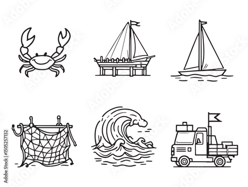 Seaport line art illustration with ships docks and cranes