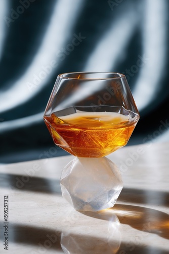A glass of alcohol is sitting on top of a stack of cubes. The cubes are made of clear plastic and are placed on a table. Concept of playfulness and creativity
