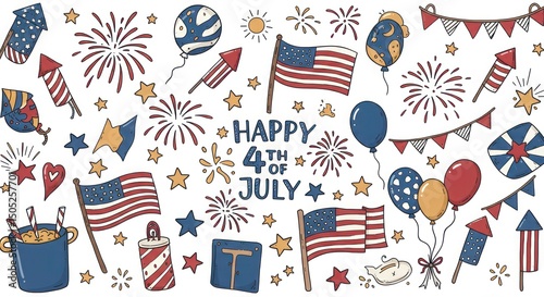 Playful hand-drawn 4th of July doodle set, vibrant and fun.