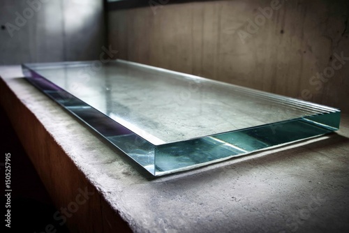 Transparent glass slab placed on a concrete surface in a bright indoor setting showcasing modern design aesthetics