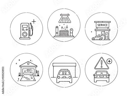Service station line art with fuel icons