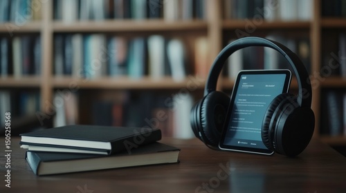 Modern headphones and tablet resting on wooden table in library setting