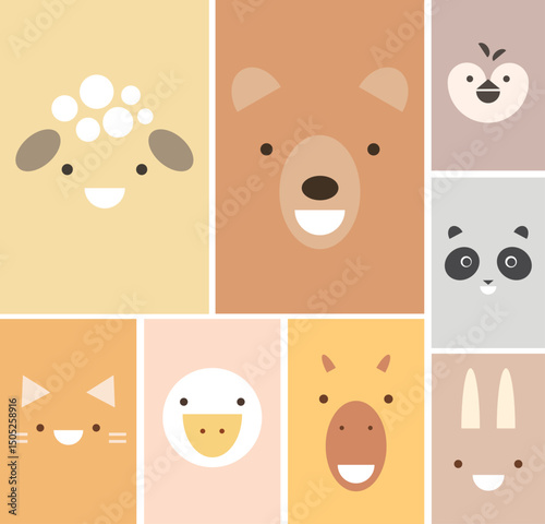 Cartoon cute different faces of animals for baby card, poster, baby shower invitation. Picture for applique, embroidery or color engraving. Flat vector illustration in a simple style. Character set