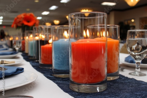 Colorful candles create a warm atmosphere at an elegant dining event in a banquet hall during the evening
