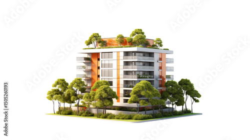 Modern Apartment Building with Green Rooftop and Trees on white and transparent Background