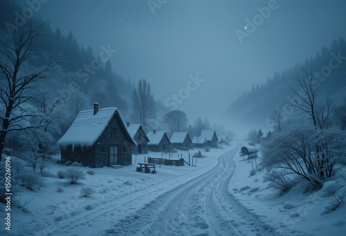 village in the snow, engulfed in icy whiteness, the unbridled and grim indigo unyielding power of a cold, icy blizzard photo