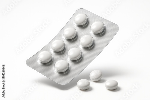 Blister pack with white round tablets arranged in a grid alongside a few loose pills on transparent background.