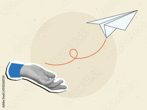 A hand launching checkered paper plane. Modern collage style. Vector illustration