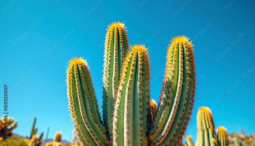 A saguaro cactus grows in the desert under a blue sky A saguaro cactus grows in the desert under a blue sky