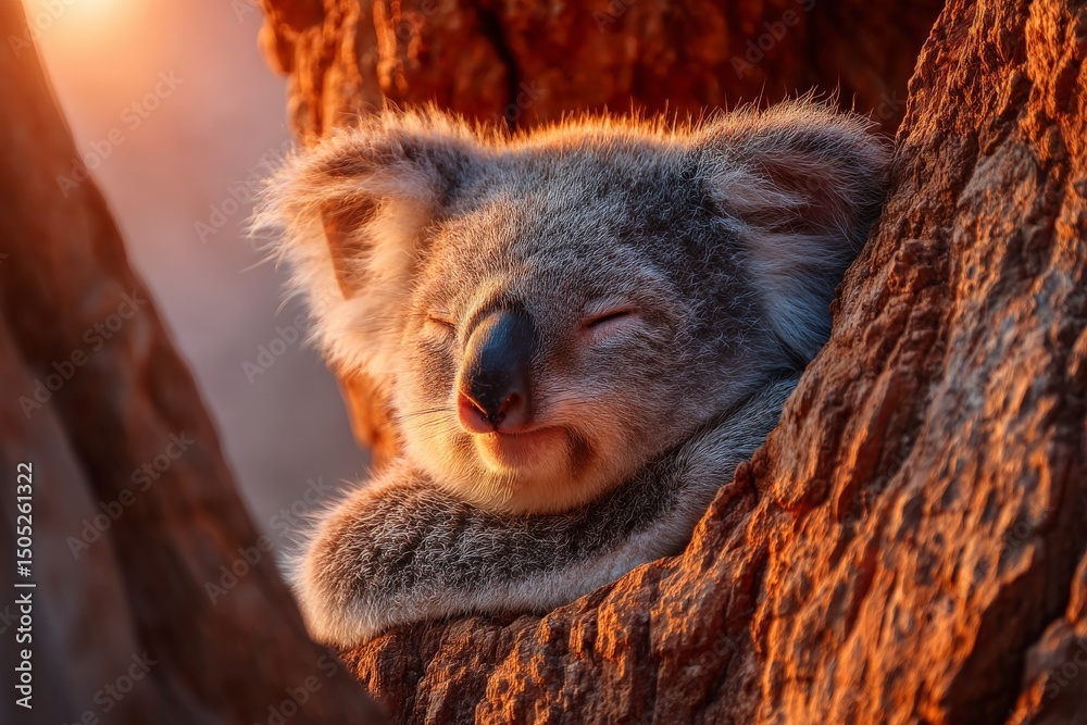 Obraz premium Koala resting peacefully in a eucalyptus tree during a warm sunset in the Australian bushland