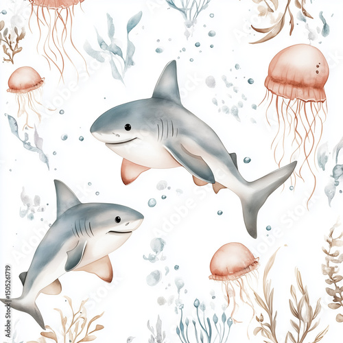 Cute soft-colored sharks swimming among jellyfish and seaweed, watercolor style, white background