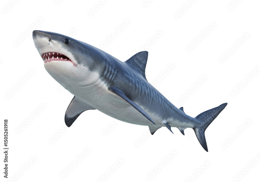 Naklejka premium Digitally rendered image of a great white shark in mid-air, showcasing its formidable size and powerful jaws. The shark's streamlined body and sharp teeth are emphasized.