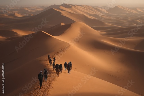 Adventurers trek across golden sand dunes during sunset in a vast desert landscape