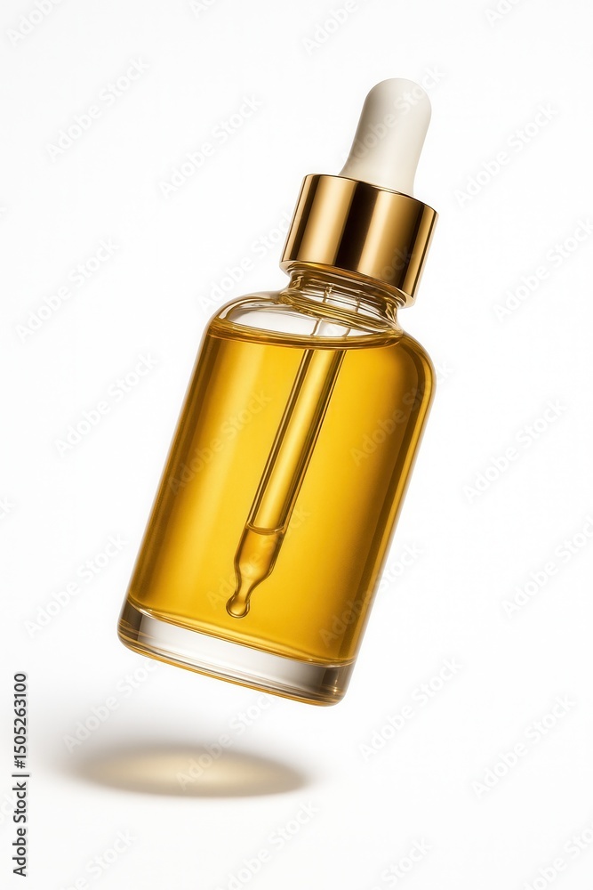 Naklejka premium Glass dropper bottle filled with golden liquid, featuring a white rubber top and shiny gold cap, on transparent background.