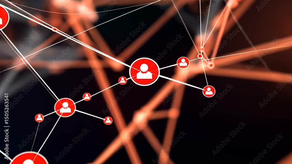 Conceptual representation of interconnected people with red circles and white icons, forming a complex network against a dark backdrop