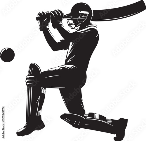 Cricket Batsman Silhouette Vector in Action Pose – Black and White Sports Art