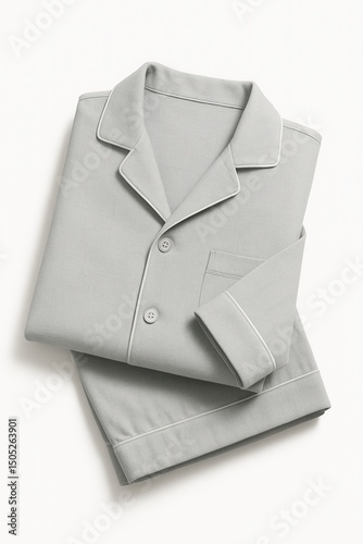 Folded light gray button-up pajamas with white trim, featuring a collared top and matching pants on transparent background.