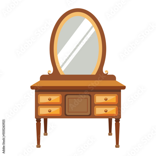 Vintage Wooden Dressing Table with Oval Mirror and Storage Drawers Isolated on White Background