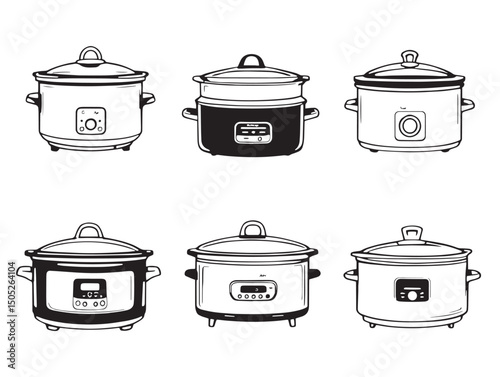 Slow cooker line art kitchen cooking vector