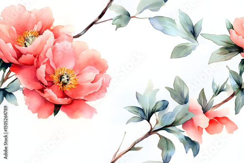 Beautiful watercolor illustration of pink peonies and green leaves on a white background, seamless pattern.